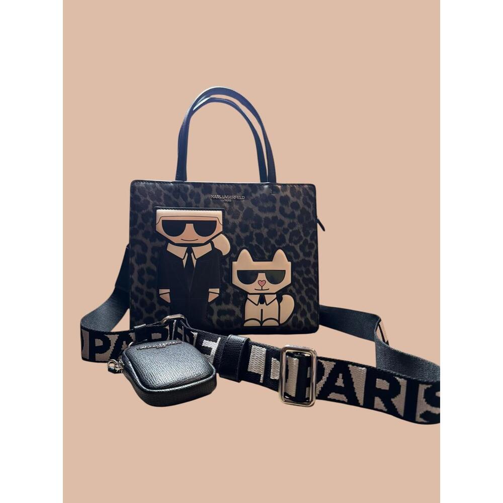 Karl Lagerfeld Leopard Print Tote Bag with Cartoon Design
